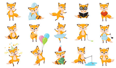 Funny foxes set. Cute cartoon animal in different poses and actions, red fox sleeping, cooking,...