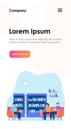 People in library flat vector illustration. Cartoon man and woman reading books and sitting on armchair or sofa. Study, knowledge and learning conceptのイラスト素材