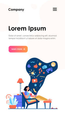 Social media addicted woman. Cartoon character relaxing at home, using tablet computer for web surfing, playing online games. Vector illustration for internet addiction, communication conceptのイラスト素材