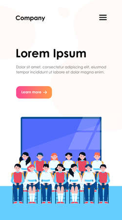 School students posing for class photo in classroom. Teen boys and girls in uniforms sitting in rows near blackboard. Vector illustration for memory, classmates, education conceptのイラスト素材