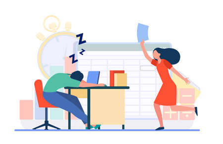 Lazy office worker. Man sleeping at workplace, colleague with paper running to him flat vector illustration. Burnout, fatigue, tired employee concept for banner, website design or landing web pageのイラスト素材