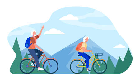 Senior couple riding bikes outdoors. Old man and woman cycling in mountains flat vector illustration. Active lifestyle, leisure, activity concept for banner, website design or landing web pageのイラスト素材