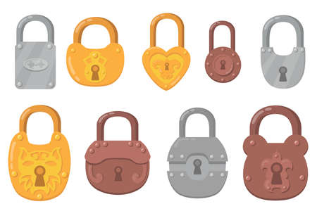 Iron padlocks flat icon set. Cartoon key locks for safety and security protection isolated on white background vector illustration collection. Secure mechanisms and encryption conceptのイラスト素材
