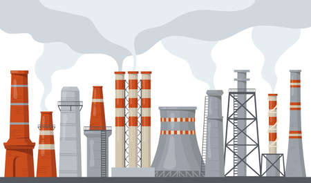 Pipe and stack factory with toxic power energy flat illustration set. Cartoon industrial chimney pollution with smoke or steam isolated vector illustration collection. Environment and ecology conceptのイラスト素材