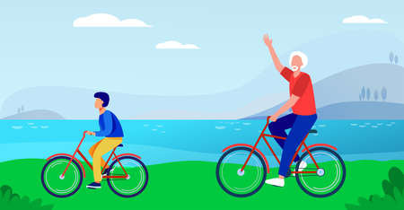 Active grandfather and grandson riding bikes together. Old man and boy cycling outdoors flat vector illustration. Lifestyle, activity, family concept for banner, website design or landing web pageのイラスト素材