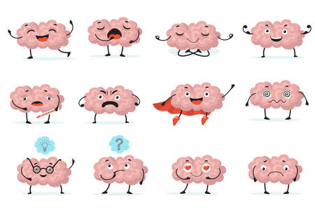 Cute brainy character expression flat icon set. Cartoon brain with emotions on white background isolated vector illustration collection. Brainpower, mind and intelligence conceptのイラスト素材