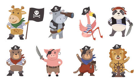 Cute little animal pirates flat illustration set. Cartoon sailors as funny lion, flamingo, pig, cat, giraffe, panda isolated vector illustration collection. Mascots and prints for children conceptのイラスト素材