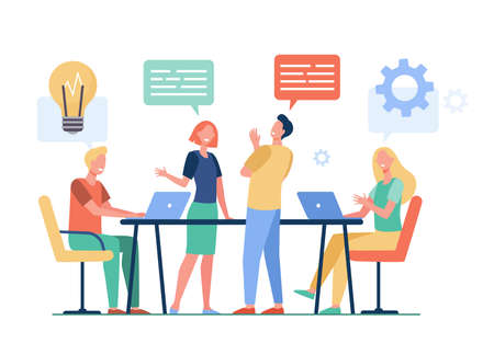 Business team planning working process flat vector illustration. Cartoon colleagues talking, sharing thoughts and smiling in company office. Teamwork and workflow conceptのイラスト素材