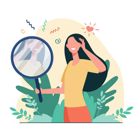 Woman looking at mirror flat vector illustration. Cartoon beautiful female characters smiling to her reflection. Love of self, ego and narcissism conceptのイラスト素材