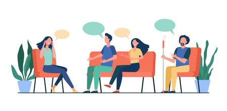 People counseling with psychologist isolated flat vector illustration. Cartoon medical doctor talking with patients at psychotherapist session. Group therapy and addiction conceptのイラスト素材