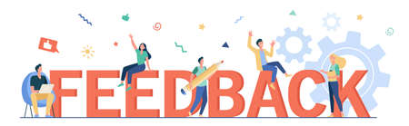 Customer feedback management flat vector illustration. Cartoon happy tiny people voting and giving review to company service. CRM, advices and assessment conceptのイラスト素材