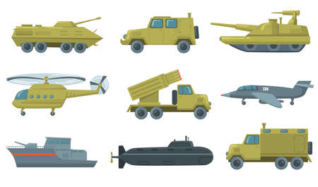 Military transport set. Airforce jet, submarine, helicopter, truck, armored tank isolated on white background. Vector illustrations for army vehicles, weapon, force conceptのイラスト素材