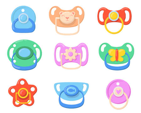 Pacifiers for babies set. Colorful plastic soothers for little children with butterfly, bear, flower shaped handles. Vector illustrations for childhood, parenthood, baby care conceptのイラスト素材