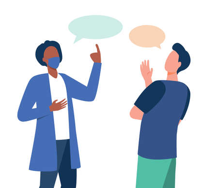 Man in mask talking with guy without mask. Discussion, speech bubble, virus flat vector illustration. Pandemic and protection concept for banner, website design or landing web pageのイラスト素材