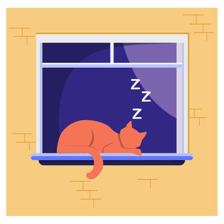 Sleeping cat lying on window. Pet, home, tomcat flat vector illustration. Domestic animals and relaxation concept for banner, website design or landing web pageのイラスト素材