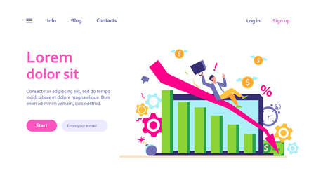 Person having going through financial troubles, money loss and crisis. Business man falling down with recession chart. Vector illustration for bankruptcy, economy failure conceptsのイラスト素材