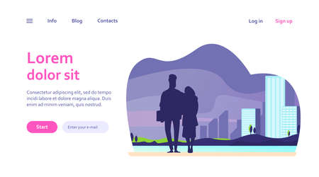 Couple standing on sea pierce at night. Silhouette of young man and woman hugging flat vector illustration. Romance, dating outdoors concept for banner, website design or landing web pageのイラスト素材
