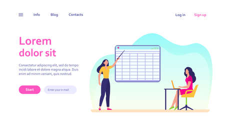 College girl giving report to teacher. Trainer explaining task to adult student flat vector illustration. Education, online distant learning concept for banner, website design or landing web pageのイラスト素材