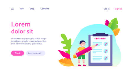Boy filling out checklist. Child with pencil, kid, task list flat vector illustration. Planning, survey, education concept for banner, website design or landing web pageのイラスト素材