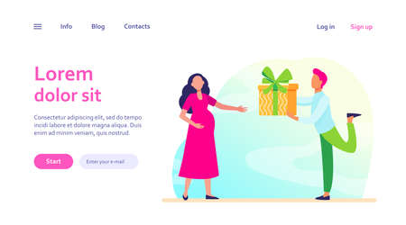 Man giving gift to his pregnant wife. Expecting couple, parents, present for baby flat vector illustration. Family, pregnancy, love concept for banner, website design or landing web pageのイラスト素材
