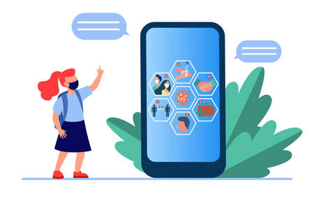 Schoolgirl in mask watching covid prevention tips on cellphone. Guide, instruction, infographics flat vector illustration. Coronavirus, school concept for banner, website design or landing web pageのイラスト素材