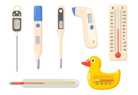 Various thermometers flat item set. Cartoon medical tool for high temperature measurement isolated vector illustration collection. Measuring instruments and indication conceptのイラスト素材
