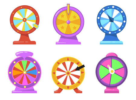 Colorful fortune wheel flat item set. Cartoon gambling roulette with arrows for internet casino isolated vector illustration collection. Lottery and prize winning conceptのイラスト素材