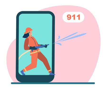 Firefighter on smartphone screen holding fire hose. Water, phone, rescue flat vector illustration. Emergency service and digital technology concept for banner, website design or landing web pageのイラスト素材