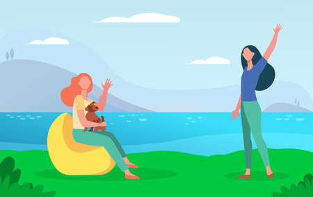 Female friends meeting outdoors and waving hello. Woman holding little dog in arms flat vector illustration. Friendship, pet care concept for banner, website design or landing web pageのイラスト素材