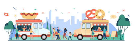 People visiting street food festival and buying snacks in trucks. Flat vector illustration for fair, summer event, market, vendors conceptのイラスト素材