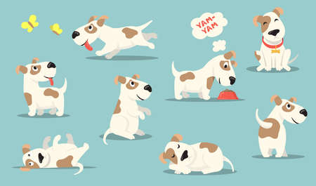 Happy small dog set. Cute funny puppy practicing different activities, hunting, playing, eating, sleeping. Vector illustrations collection for pet care, animal adoption, canine, breed conceptのイラスト素材
