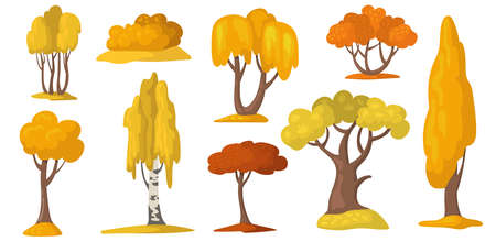 Autumn trees and bush with yellow and orange foliage. Fall season cartoon elements. Set of vector illustrations for park, forest, nature conceptのイラスト素材