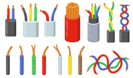 Colorful electric cables set. Colorful short pieces of wires with copper core. Vector illustrations...