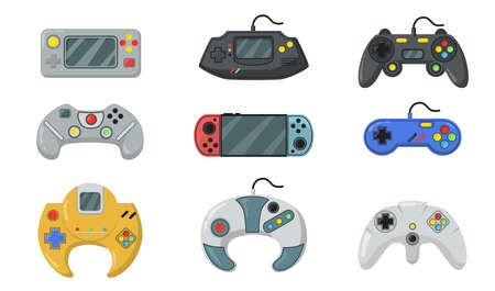 Gamepads illustrations set. Vintage and modern video game controllers for console, gamers joysticks. Vector illustrations collection for digital gadgets and video game industry conceptのイラスト素材
