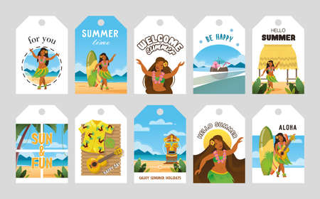 Vivid promo tags design for Hawaii vector illustration. Hawaiian elements and text. Summertime and vacation concept. Template for promotion poster, advertising label or flyerのイラスト素材