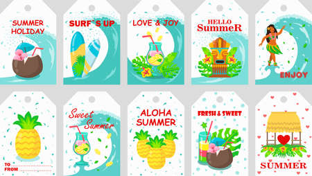 Summer holidays tags design set. Ocean waves, tropical beach and cocktails, fruit and surfing boards vector illustrations with text. Template for travel labels, greeting or invitation cardsのイラスト素材