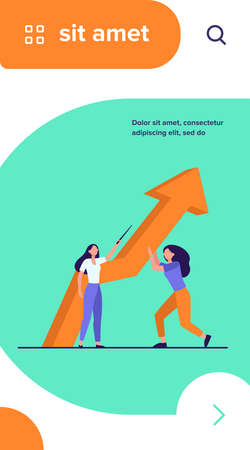 Managers resisting crisis. Woman pointing up, her colleague holding growth arrow flat vector illustration. Business, problem solving, couching concept for banner, website design or landing web pageのイラスト素材