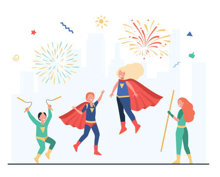 Happy superhero kids team flat illustration. Cartoon characters in comic hero super costumes with cloak cape flying and standing. Carnival and game for children conceptのイラスト素材