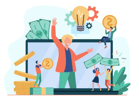 Tiny entrepreneur crowdfunding startup project flat illustration. Cartoon sponsor and money donation via internet. Cooperation, investment and growth conceptのイラスト素材