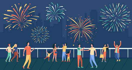 Happy people celebrating on city street and watching fireworks flat illustration. Cartoon crowd with kids looking at night sky. Cityscape and pyrotechnics conceptのイラスト素材
