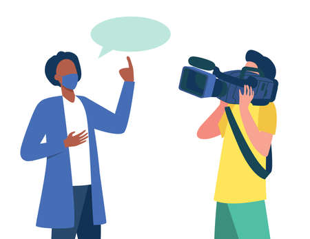 Doctor in medical coat and mask speaking at camera. Scientist, operator, cameraman flat  illustration. Broadcasting, interview, covid concept for banner, website design or landing web pageのイラスト素材