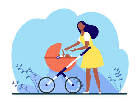 New mom walking with baby outside. Woman reaching arms to stroller with kid flat illustration. Motherhood, parenting, childcare concept for banner, website design or landing web pageのイラスト素材