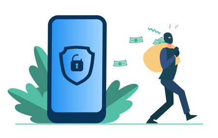 Criminal hacking personal data and stealing money. Hacker carrying bag with cash from unlock phone flat illustration. Fraud, security concept for banner, website design or landing web pageのイラスト素材