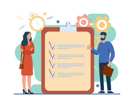 Managers with task list. Employees standing at checklist and timer, making thumb up flat illustration. Time management, planning concept for banner, website design or landing web pageのイラスト素材