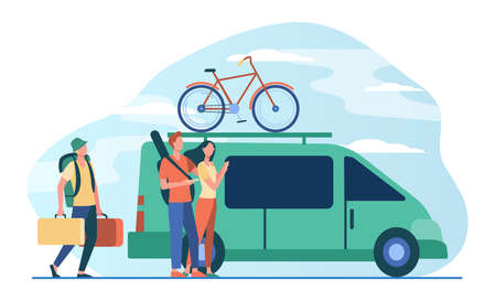 Group of active tourists gathering at vehicle. Minivan with bike on top moving flat illustration. Outdoor activity, adventure travel concept for banner, website design or landing web pageのイラスト素材