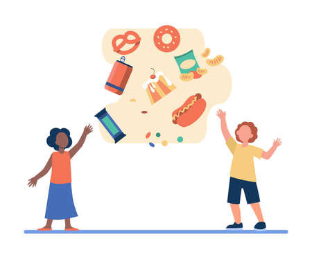 Children reaching their hands to junk food. Fast food, sweets, cakes. Flat vector illustration. Unhealthy food concept can be used for presentations, banner, website design, landing web pageのイラスト素材