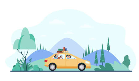 Happy family travelling by car with camping equipment on top. Parents and kids riding down country road by mountain landscape. Vector illustration for adventure, trip, vacation conceptのイラスト素材
