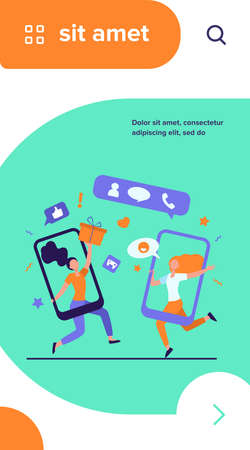 Customers sharing references and earning money. Mobile phones users chatting, exchanging gifts. Vector illustration for refer a friend, referrals, loyalty program, marketing conceptのイラスト素材