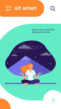 Woman doing yoga at night. Meditating girl sitting in lotus pose at mountain peak flat vector illustration. Meditation, lifestyle, wellness concept for banner, website design or landing web pageのイラスト素材