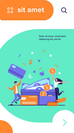 Happy tiny man and woman with big open wallet flat vector illustration. Isolated young guy holding plastic card and girl with coin. Salary, credit balance and budget conceptのイラスト素材